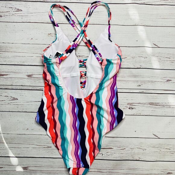 Bar III Waves Chevron Printed Strappy High Leg One-Piece Swimsuit S Teal Pink - Picture 5 of 7
